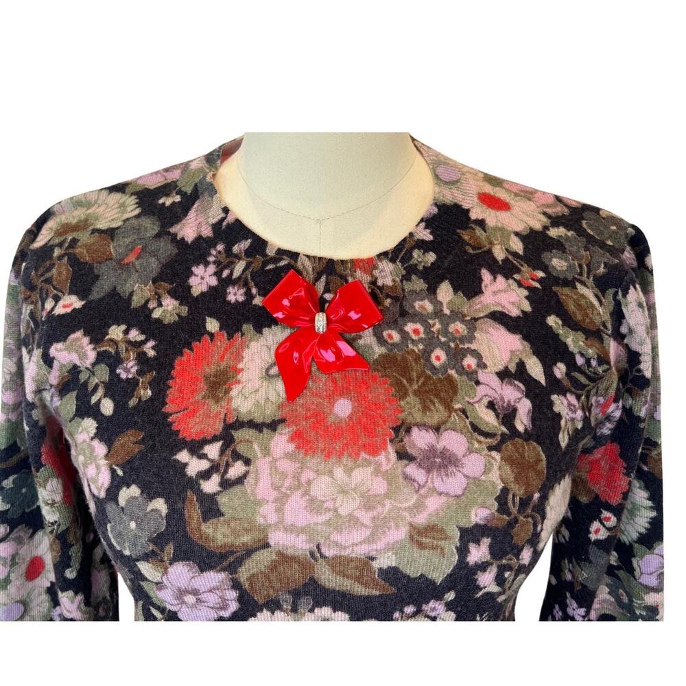 Womens Upcycled Floral Spring Sweater with Vintage Bow Brooch Size XS